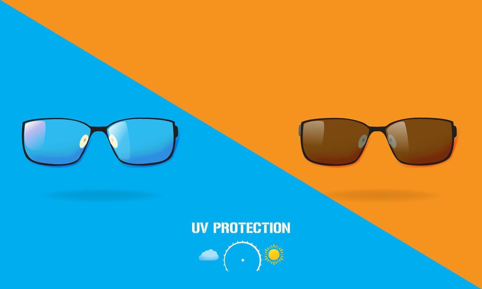 lunettes avec lentilles photochromiques lentille photochromique, lunettes de soleil polarisées uv, illustration vectorielle. vecteur