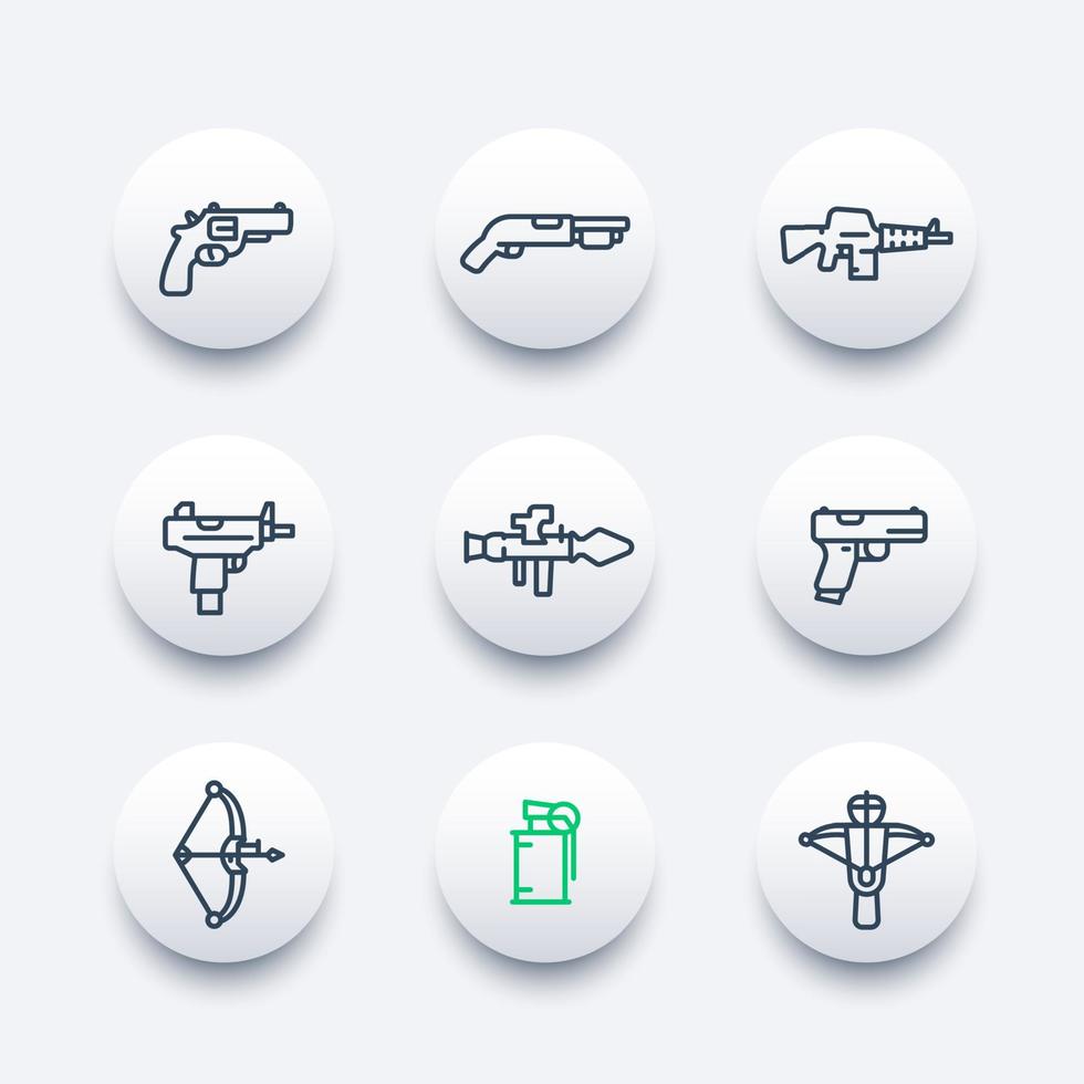 ensemble d'icônes de ligne d'armes, revolver, lance-roquettes, pistolet, mitraillette, fusil d'assaut, fusil de chasse, arc à poulies, grenade, arbalète vecteur
