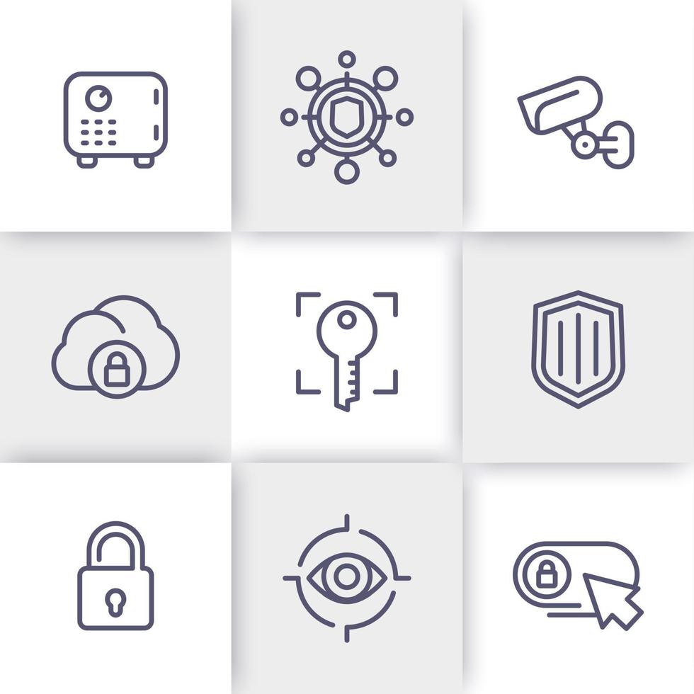 ensemble d'icônes de ligne de sécurité, transaction sécurisée, coffre-fort, vidéosurveillance, authentification, reconnaissance biométrique, sécurité vecteur