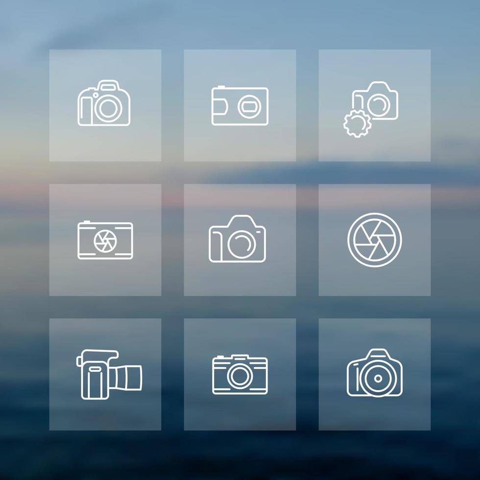 appareil photo, ensemble d'icônes de ligne de photographie, ouverture, compact, dslr, appareil photo reflex, vue avant et latérale vecteur