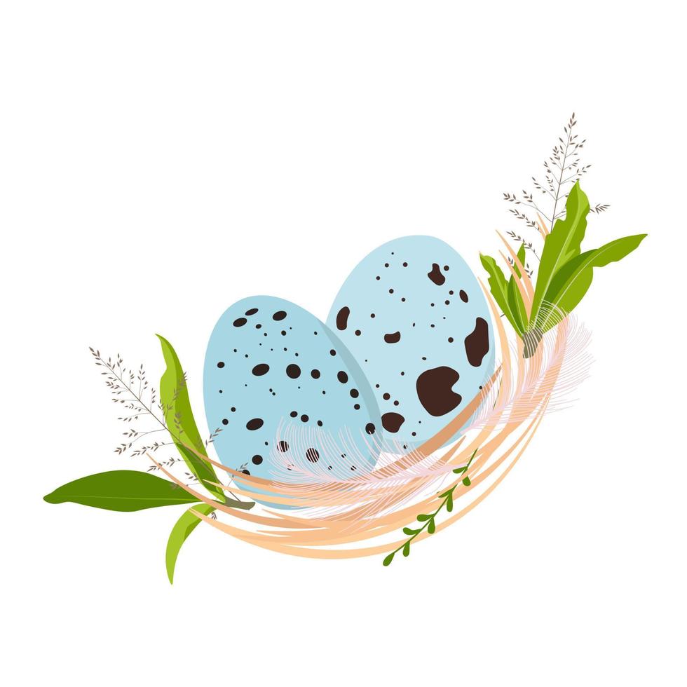 carte de Pâques. nid de cailles. fond de printemps. cadre, couronne avec une plume. un œuf d'oiseau bleu. illustration vectorielle. isolé sur fond blanc. vecteur