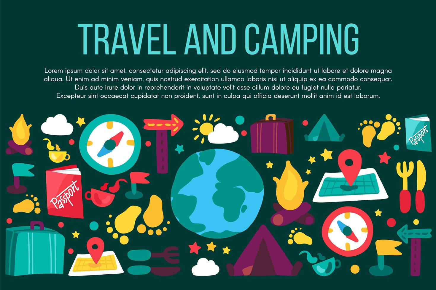 camping et voyage bannière plate avec fond vecteur