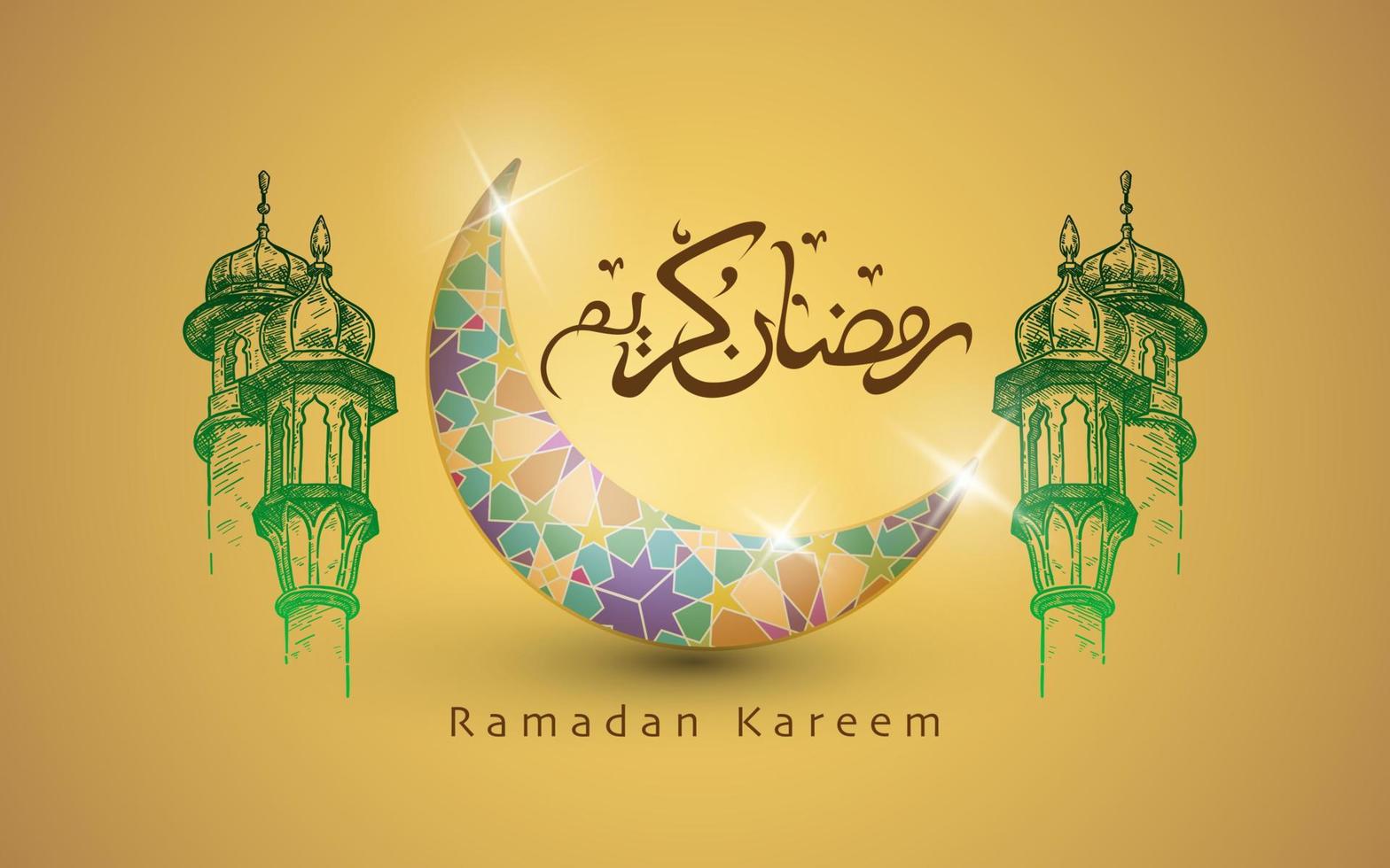 Kareem Ramadan. conception islamique avec calligraphies dessinées à la main, beau croissant de lune et dôme de mosquée vecteur