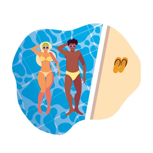 couple interracial avec maillot de bain flottant dans l&#39;eau vecteur