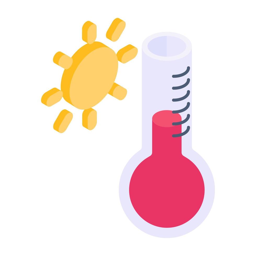 conception isométrique du soleil avec thermomètre, icône de temps chaud vecteur