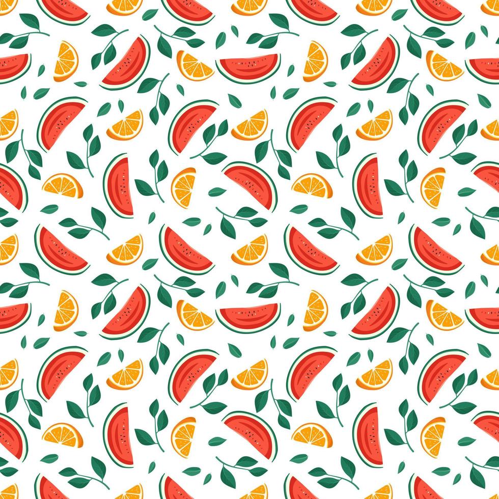 motif harmonieux de printemps et d'été lumineux avec des oranges, des pastèques, des feuilles et des tranches sur fond blanc. impression d'agrumes et de baies. illustration vectorielle plate d'aliments sains vecteur