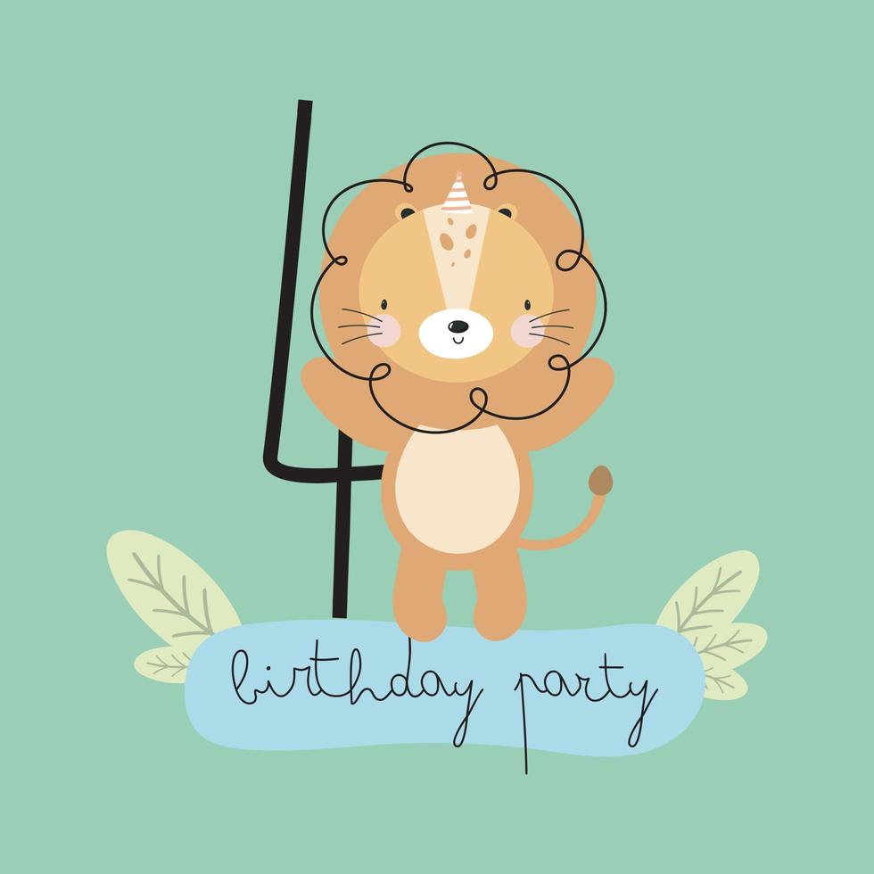 fête d'anniversaire, carte de voeux, invitation à une fête. illustration pour enfants avec lion mignon et une inscription quatre. illustration vectorielle en style cartoon vecteur