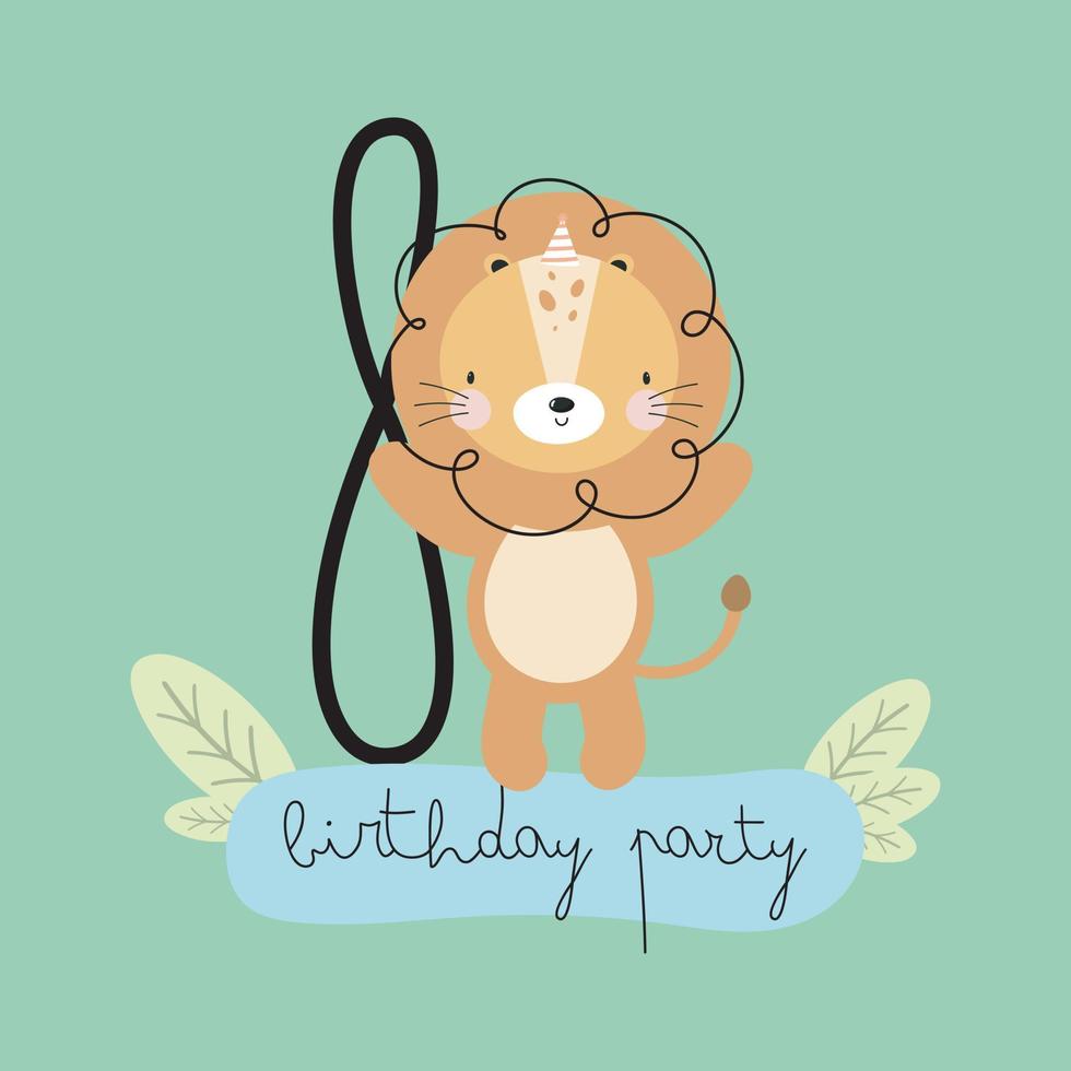 fête d'anniversaire, carte de voeux, invitation à une fête. illustration d'enfants avec un lion mignon et une inscription huit. illustration vectorielle en style cartoon vecteur