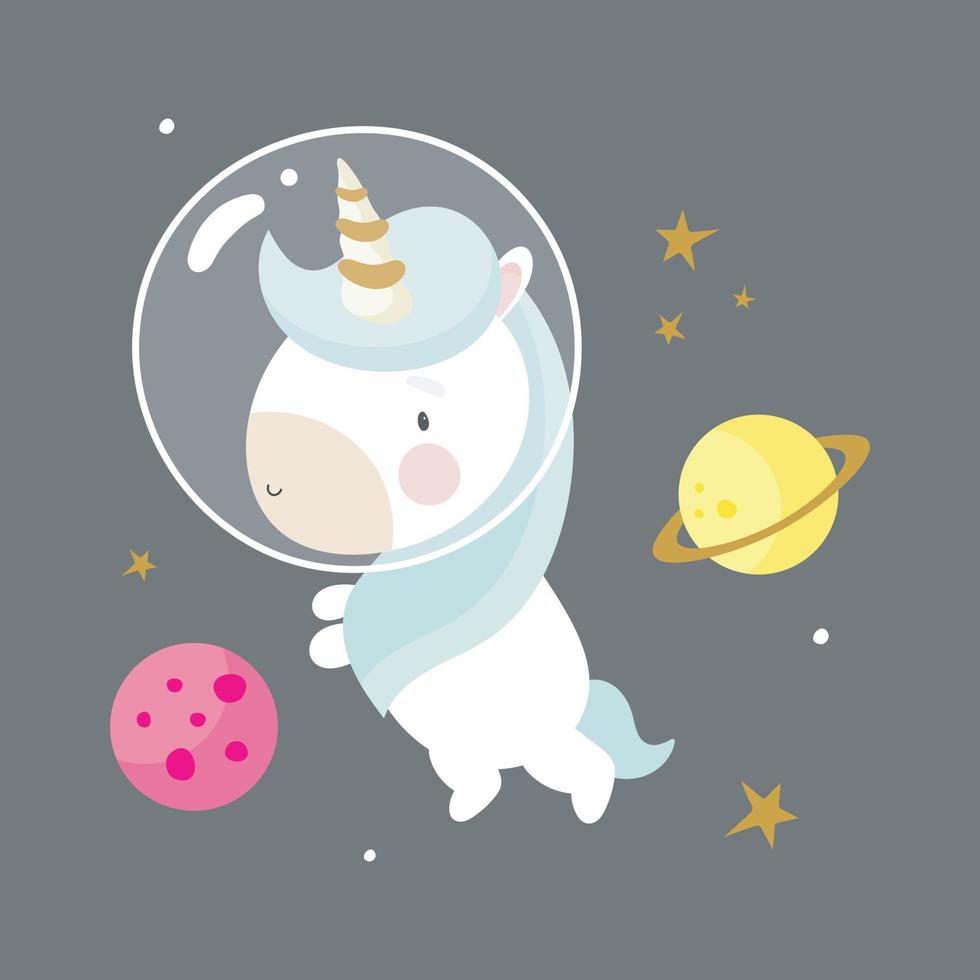 licorne mignonne dans l'espace. style bande dessinée. illustration vectorielle. pour les trucs pour enfants, cartes, affiches, bannières, livres pour enfants, impression sur le pack, impression sur vêtements, tissu, papier peint, textile ou vaisselle. vecteur