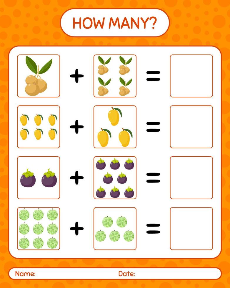 combien de jeu de comptage avec des fruits. feuille de travail pour les enfants d'âge préscolaire, feuille d'activité pour enfants, feuille de travail imprimable vecteur