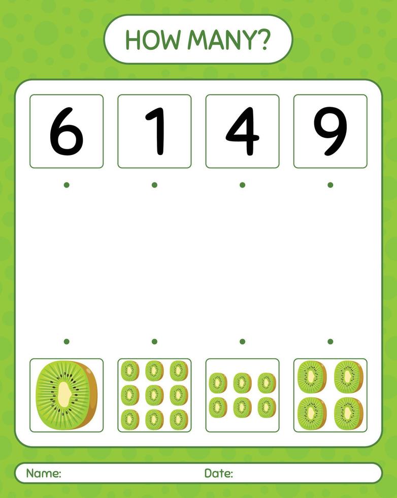 combien de jeu de comptage avec kiwi. feuille de travail pour les enfants d'âge préscolaire, feuille d'activité pour enfants, feuille de travail imprimable vecteur