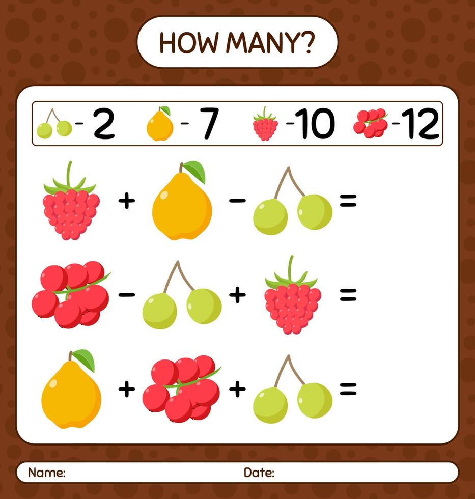 combien de jeu de comptage avec des fruits. feuille de travail pour les enfants d'âge préscolaire, feuille d'activité pour enfants, feuille de travail imprimable vecteur