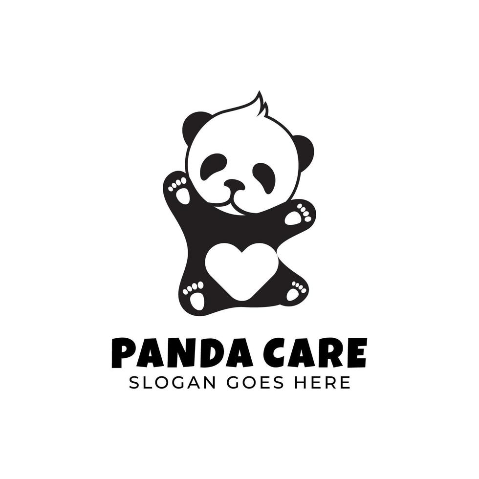 soins de panda mignon silhouette avec l'icône de l'amour. création de logo animal mignon enfant panda vecteur