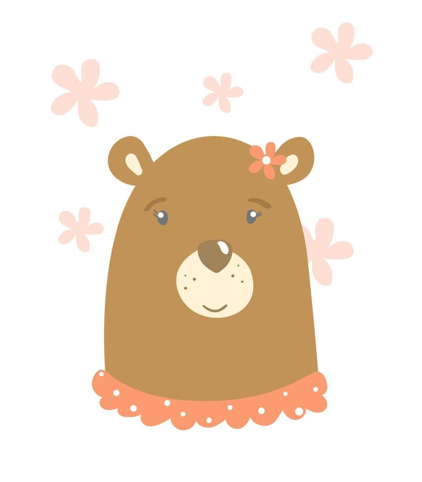 ours brun en robe. dessin animé qu'elle porte avec une fleur rose. vecteur