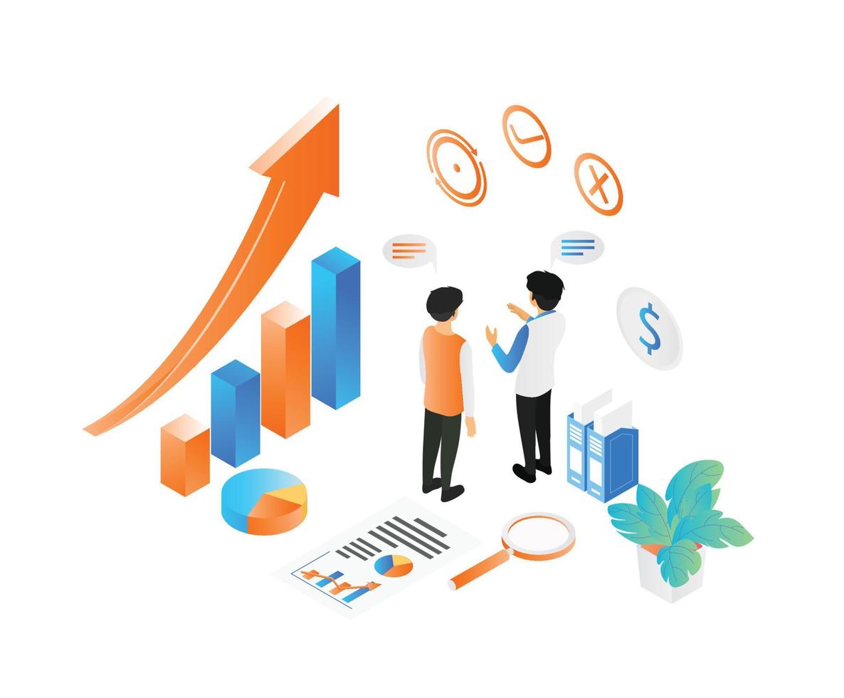 illustration de style isométrique de la présentation des résultats de l'analyse des données commerciales vecteur