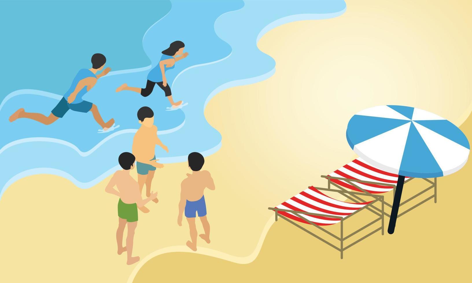 illustration de style isométrique en vacances à la plage avec des amis vecteur