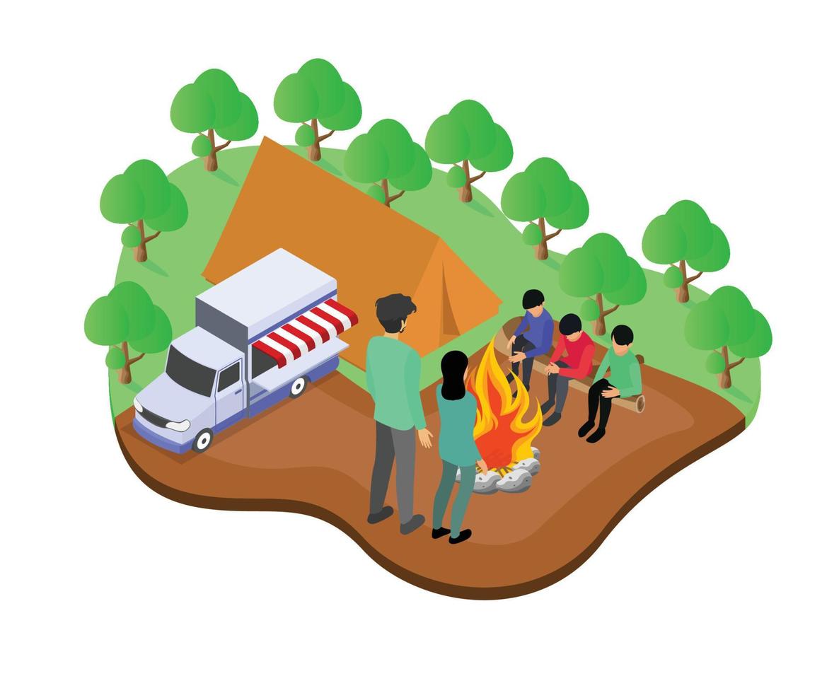 illustration de style isométrique sur une famille choisissant le camping pour ses vacances vecteur