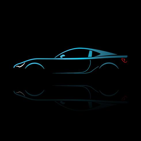 Silhouette de voiture de sport bleu avec réflexion sur fond noir. vecteur
