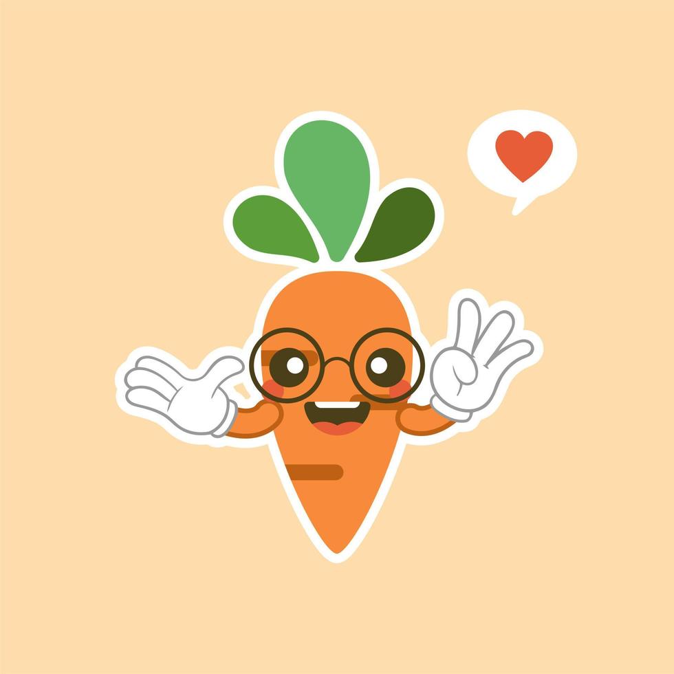 personnage de dessin animé de carotte mignon et kawaii. image vectorielle isolée d'une carotte, légume sain, plante, dessus, racine. mascotte au visage doux. image pour affiche, carte postale, impression de tissu, vêtements pour enfants vecteur