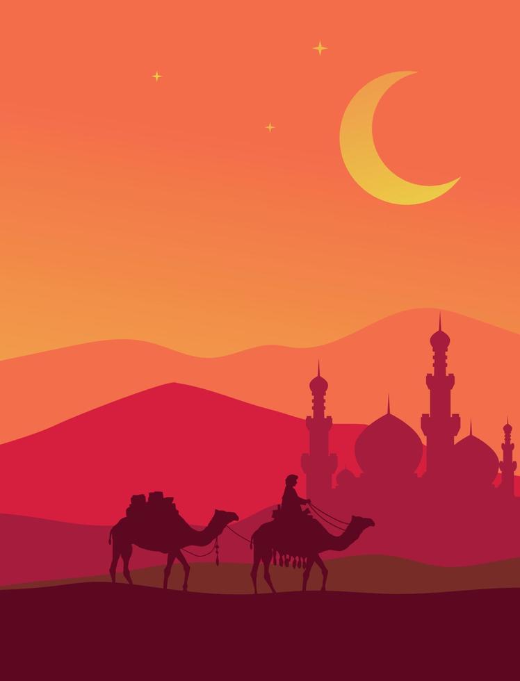 homme à dos de chameau avec mosquée dans le fond du désert vecteur