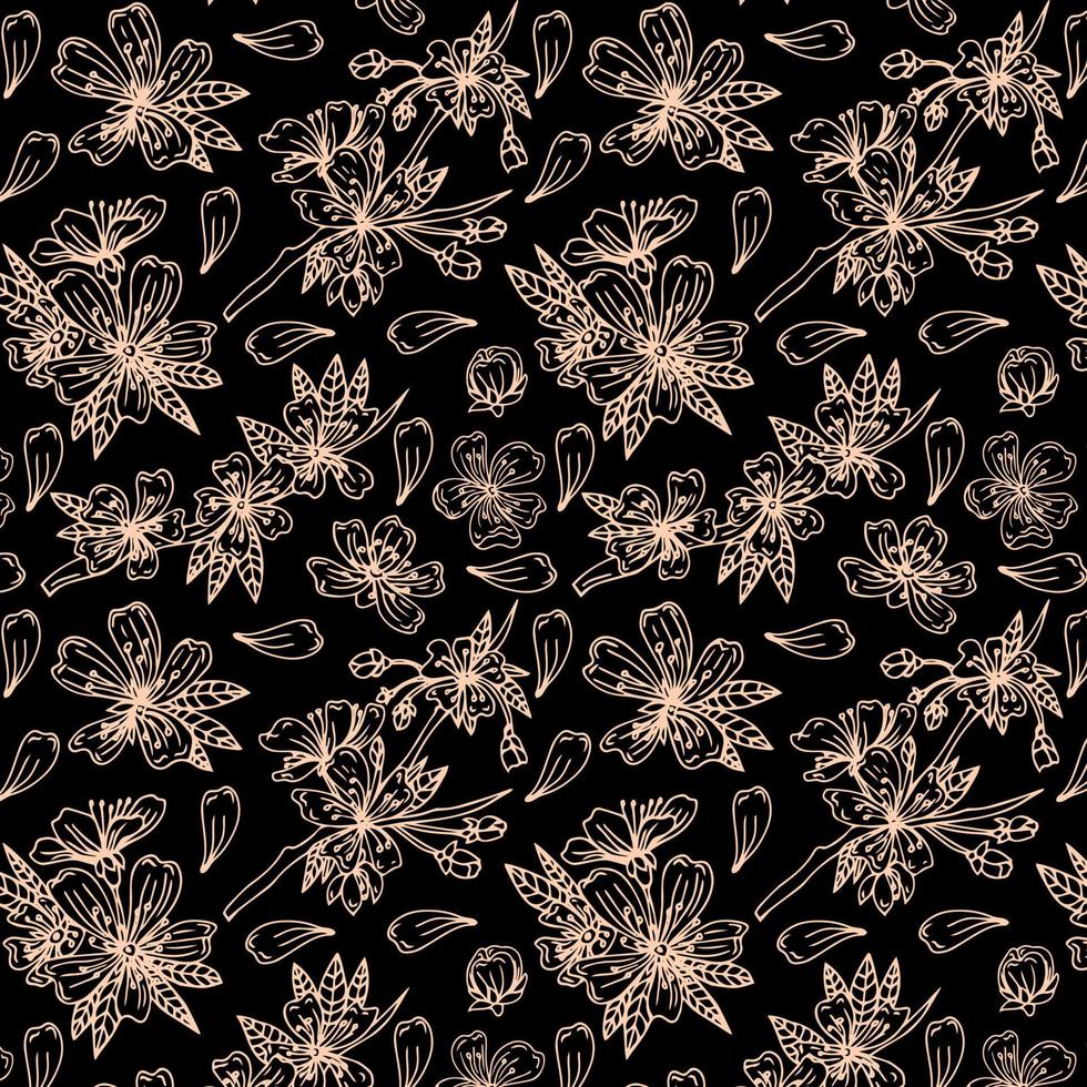 illustration vectorielle abstraite de fleur de sakura. motif floral sans couture dans un style de bijoux en mosaïque de luxe avec des couleurs or et rose pâle. branche décorative de fleurs de printemps pour la conception de surface. vecteur