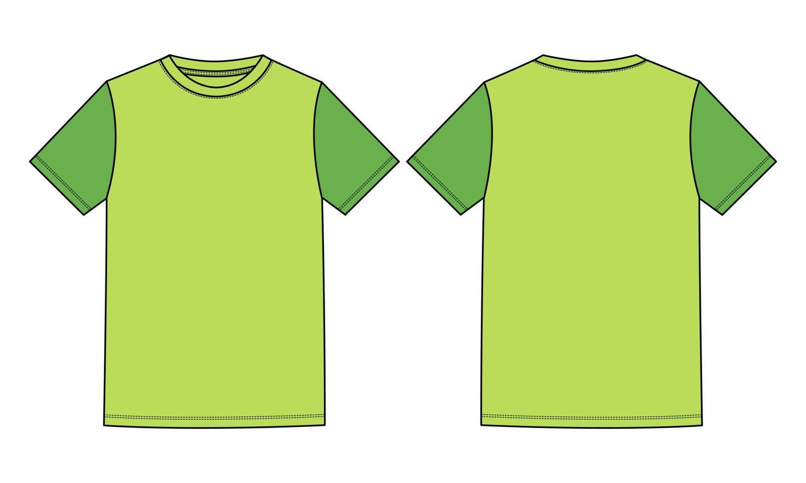 deux tons vert, couleur néon coupe standard t-shirt de base à manches courtes mode technique croquis plat modèle d'illustration vectorielle avant, vues arrière. conception de vêtements maquette dessin illustration. vecteur