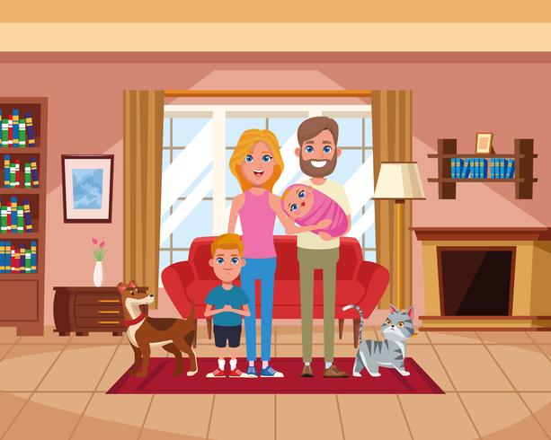 Famille à l&#39;intérieur de dessins animés vecteur