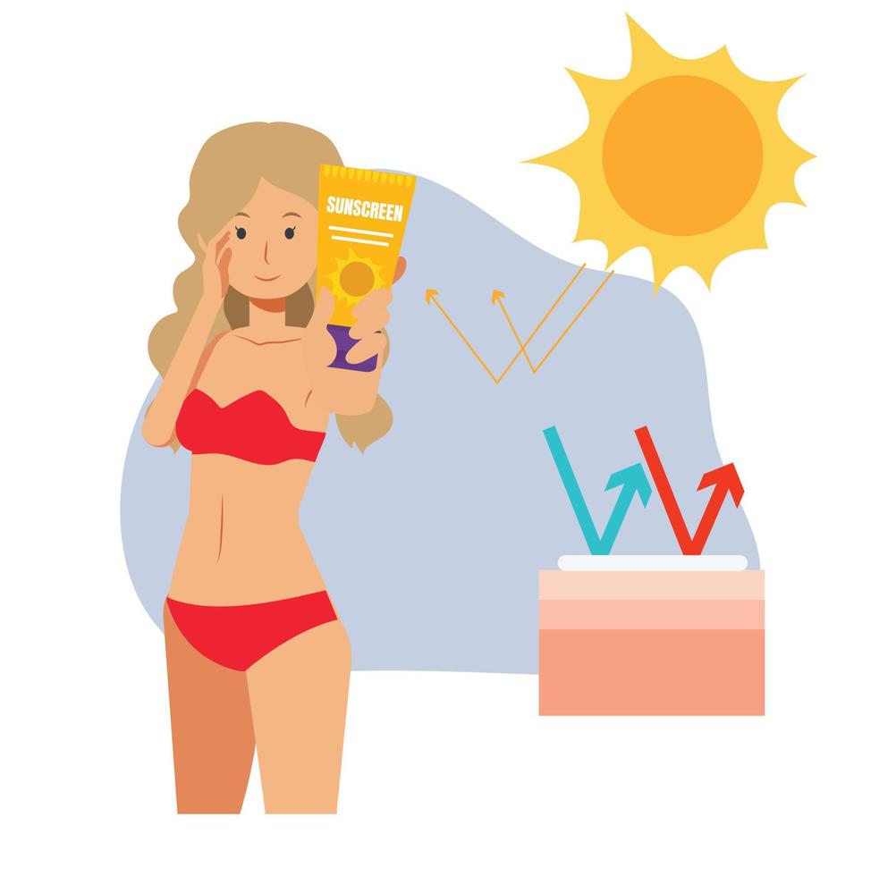 concept de soins de la peau.écran solaire.femme souriante heureuse portant un maillot de bain montrant une bouteille de protection solaire contre le soleil.infographie des soins de la peau.illustration de personnage de dessin animé vectoriel plat