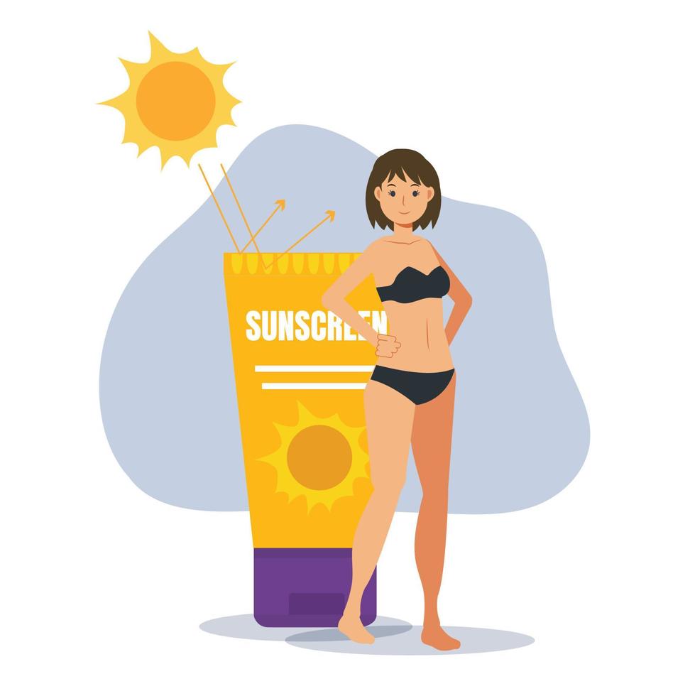 concept de soins de la peau.écran solaire.heureuse femme souriante portant un maillot de bain debout près du soleil protecteur.illustration de personnage de dessin animé vectoriel plat