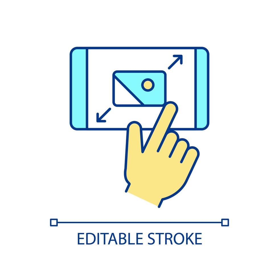 icône de couleur RVB d'agrandissement d'image. agrandir les informations visuelles. écran tactile du téléphone. appuyez pour zoomer. illustration vectorielle isolée. dessin au trait rempli simple. trait modifiable. police arial utilisée vecteur