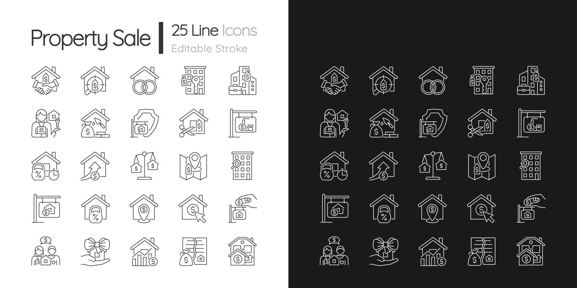 icônes linéaires de vente de propriété définies pour le mode sombre et clair. marché de l'immobilier. achat maison. symboles de ligne mince pour le thème nuit, jour. illustrations isolées. trait modifiable. police quicksand-light utilisée vecteur