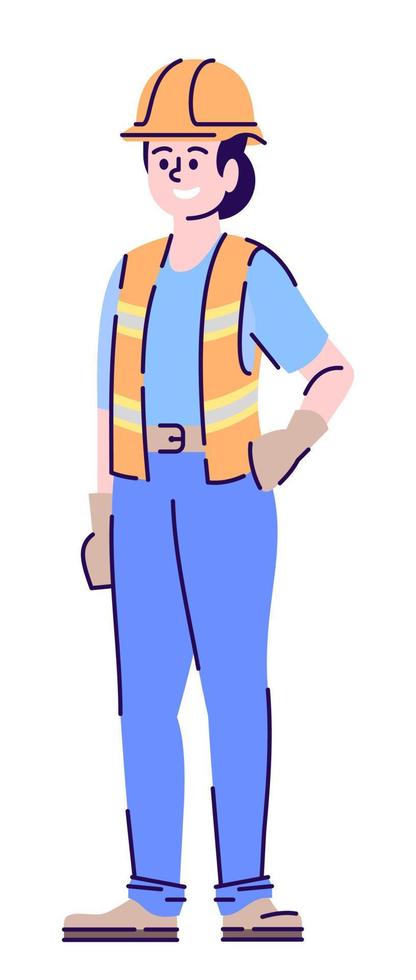 illustration vectorielle de couleur rvb semi-plate de travailleur des services publics. femme technicienne des services publics portant un gilet de sécurité personnage de dessin animé isolé sur fond blanc vecteur