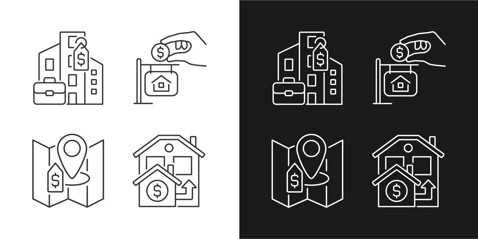 types d'achat immobilier icônes linéaires définies pour le mode sombre et clair. propriété commerciale et privée. prix de l'immobilier. symboles de ligne mince pour le thème nuit, jour. illustrations isolées. trait modifiable vecteur