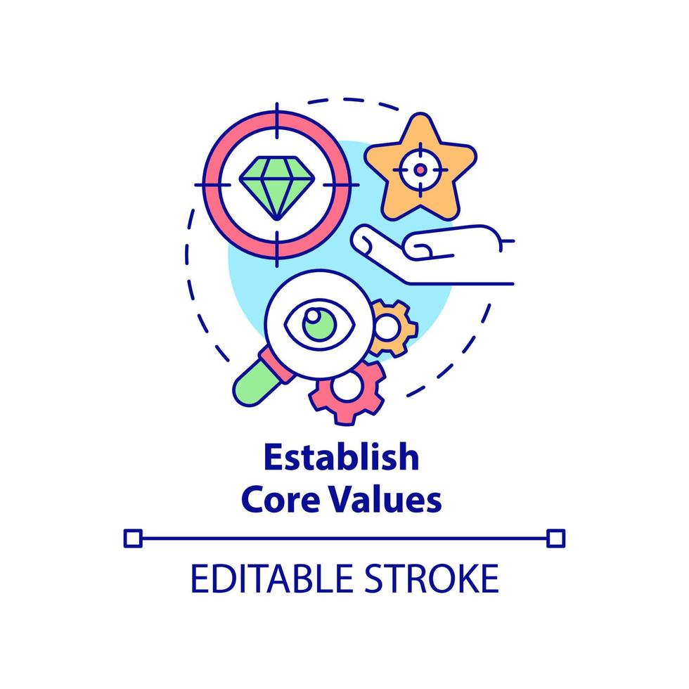 établir l'icône de concept de valeurs fondamentales. fournir une illustration de ligne mince d'idée abstraite de transparence d'entreprise. dessin de contour isolé. trait modifiable. roboto-medium, myriade de polices pro-gras utilisées vecteur