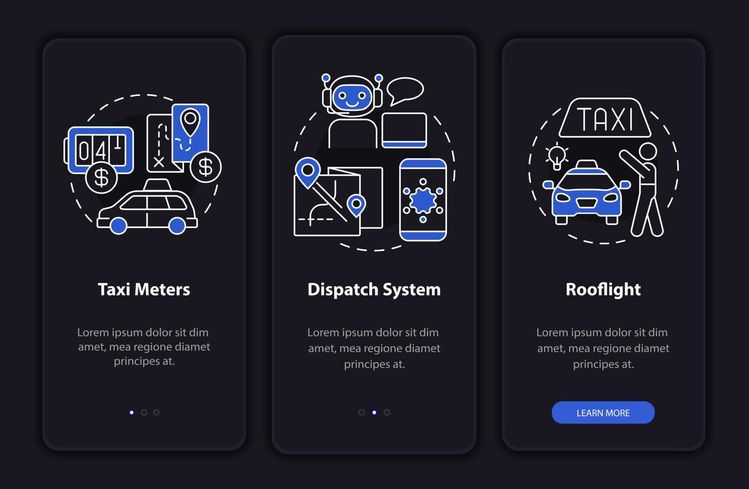 équipement pour l'écran de l'application mobile d'intégration du thème de la nuit de taxi. cab walkthrough 3 étapes pages d'instructions graphiques avec des concepts linéaires. ui, ux, modèle d'interface graphique. myriade de polices pro-gras régulières utilisées vecteur