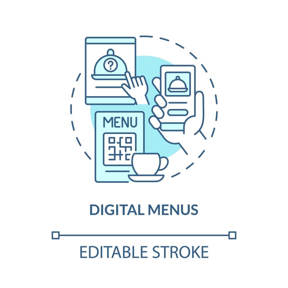 icône de concept de menus numériques turquoise. service de commerce électronique. illustration de ligne mince d'idée abstraite de système sans contact. dessin de contour isolé. trait modifiable. roboto-medium, myriade de polices pro-gras utilisées vecteur