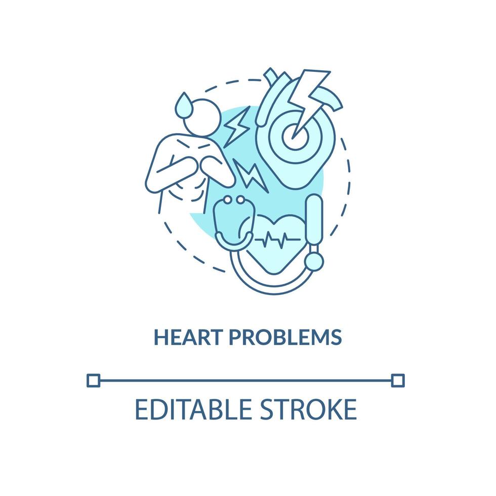 problèmes cardiaques icône concept turquoise. trouble du système cardio. illustration de ligne mince d'idée abstraite de mal de poitrine. dessin de contour isolé. trait modifiable. roboto-medium, une myriade de polices pro-gras utilisées vecteur