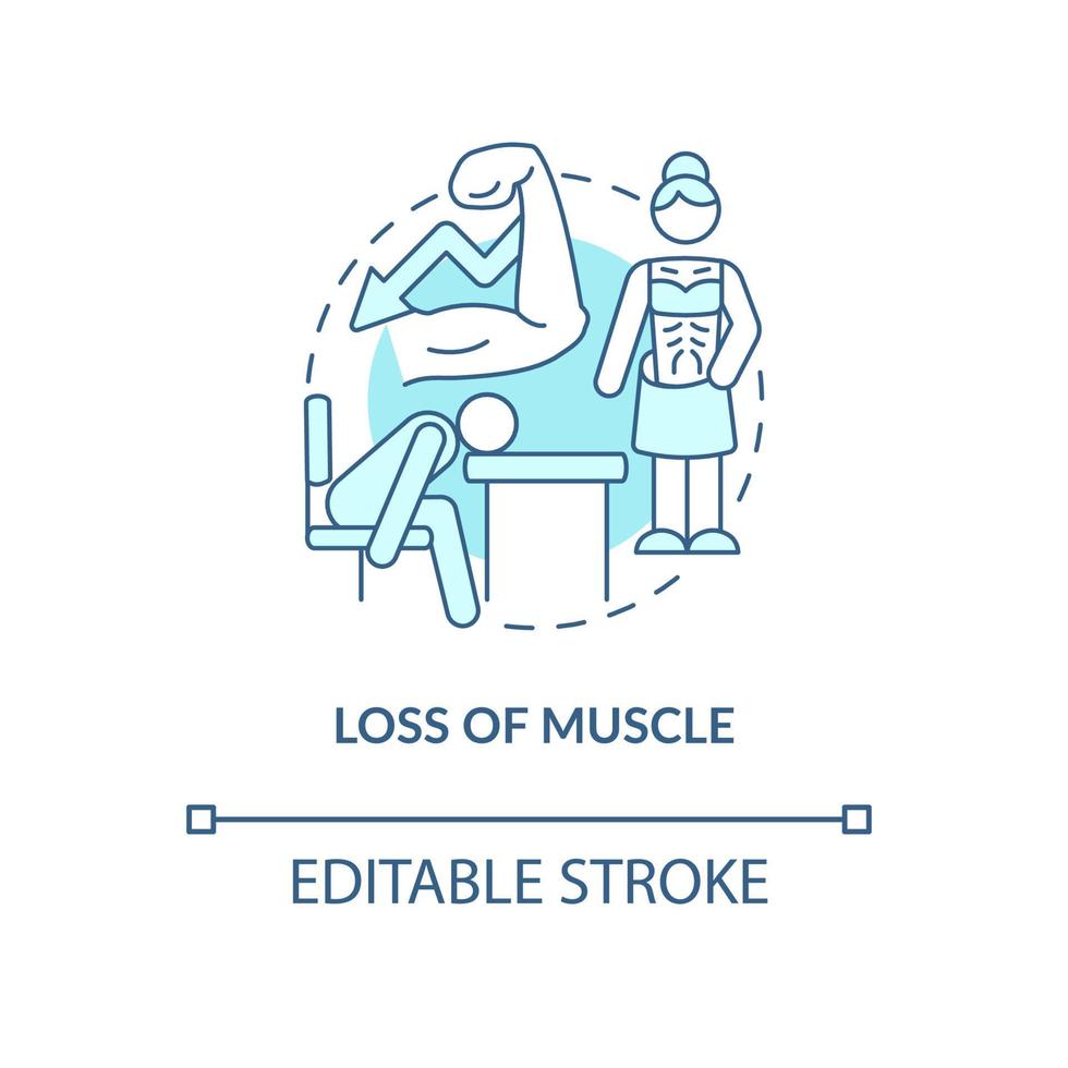 icône de concept de perte de muscle turquoise. atrophie des tissus musculo-squelettiques idée abstraite illustration de la ligne mince. dessin de contour isolé. trait modifiable. roboto-medium, une myriade de polices pro-gras utilisées vecteur