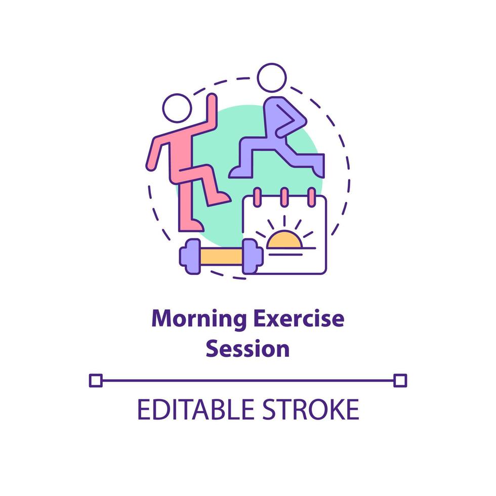 icône de concept de séance d'exercices du matin. journée active commençant l'illustration de la ligne mince de l'idée abstraite. dessin de contour isolé. trait modifiable. roboto-medium, myriade de polices pro-gras utilisées vecteur