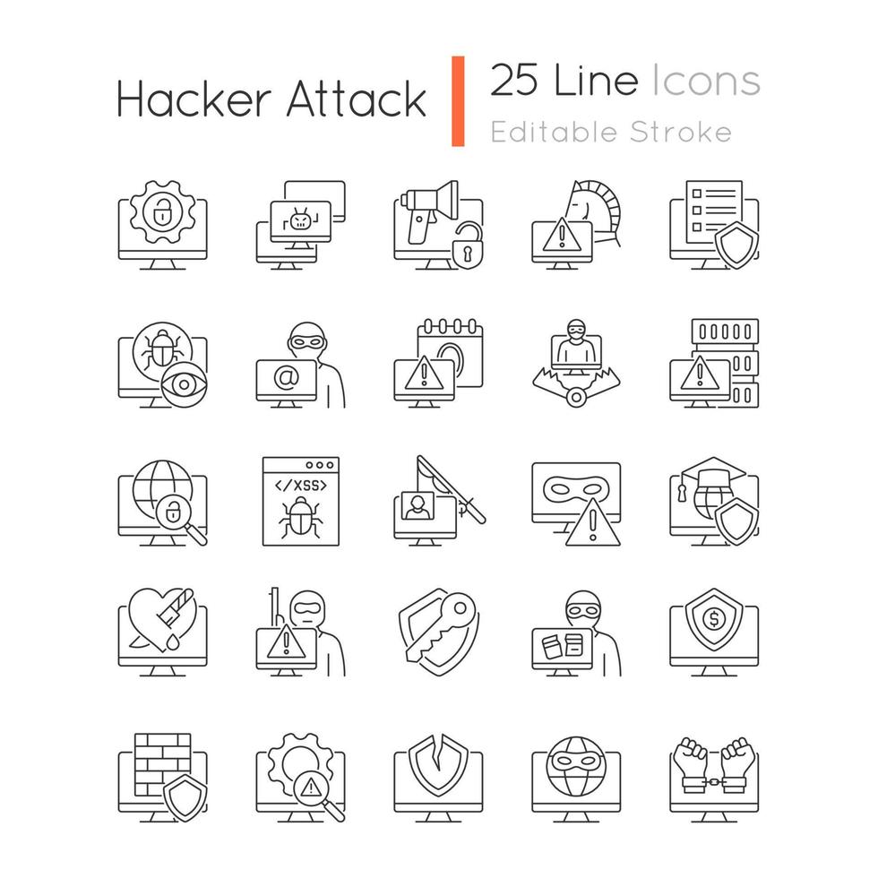 ensemble d'icônes linéaires d'attaque de pirate informatique. cybercriminalité. système informatique, perturbation du réseau. cyber-attaque. symboles de contour de ligne fine personnalisables. illustrations vectorielles isolées. trait modifiable vecteur