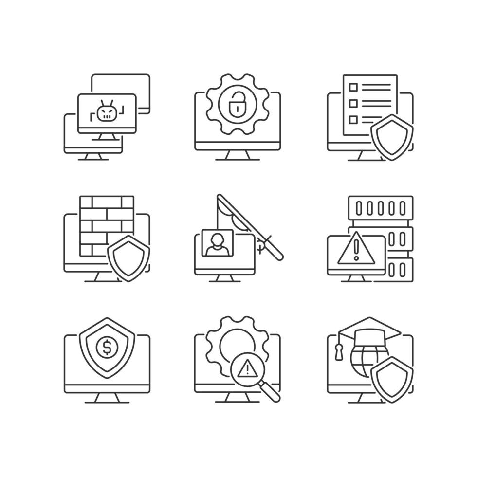 la cybercriminalité et son ensemble d'icônes linéaires de prévention. attaque de phishing et dos. méthodes de cybersécurité. symboles de contour de ligne fine personnalisables. illustrations vectorielles isolées. trait modifiable vecteur