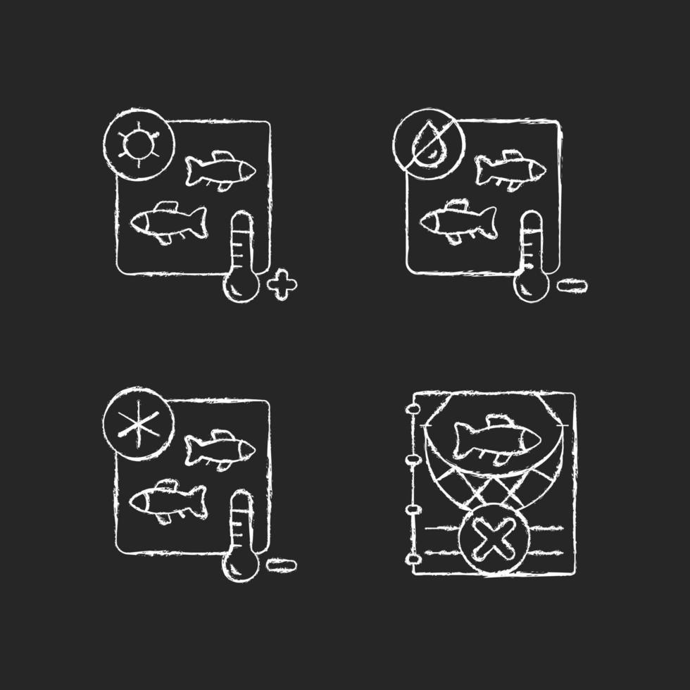 icônes blanches de craie de stérilisation de produits de poisson sur fond sombre. traitement thermique et lyophilisation. transformation commerciale. pêche illégale. illustrations de tableau de vecteur isolé sur noir