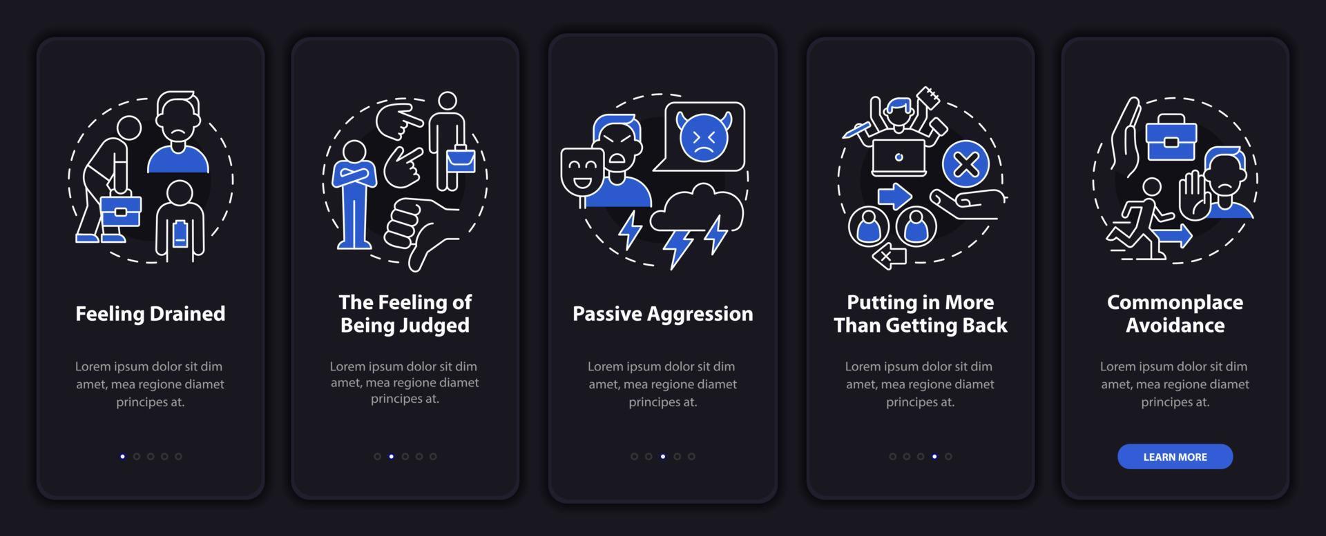 écran de page d'application mobile d'intégration d'environnement de travail abusif. se sentir jugé pas à pas en 5 étapes instructions graphiques avec concepts. modèle vectoriel ui, ux, gui avec illustrations linéaires en mode nuit