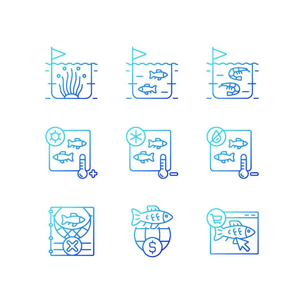 élevage de produits de la pêche et stockage d'icônes vectorielles linéaires à gradient. stérilisation et conservation. pêche commerciale. ensemble de symboles de contour de ligne mince. collection d'illustrations de contour isolé vecteur