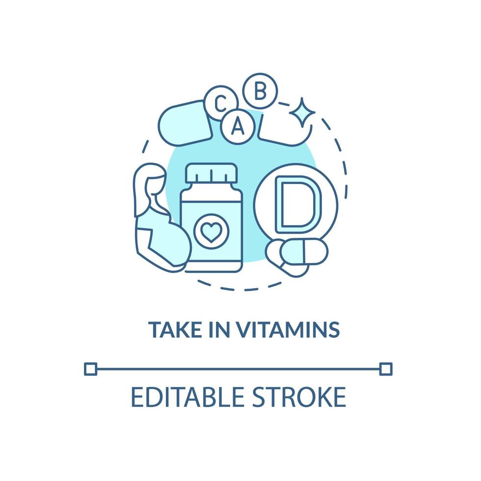 prendre l'icône de concept bleu de vitamines. illustration de ligne mince d'idée abstraite de régime de grossesse. compléments alimentaires. prévention des malformations congénitales majeures. dessin de couleur de contour isolé de vecteur. trait modifiable vecteur