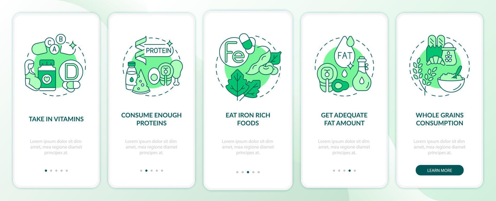 nutrition pendant la grossesse écran de la page de l'application mobile d'intégration. Procédure pas à pas pour les aliments riches en fer Instructions graphiques en 5 étapes avec concepts. modèle vectoriel ui, ux, gui avec illustrations couleur linéaires