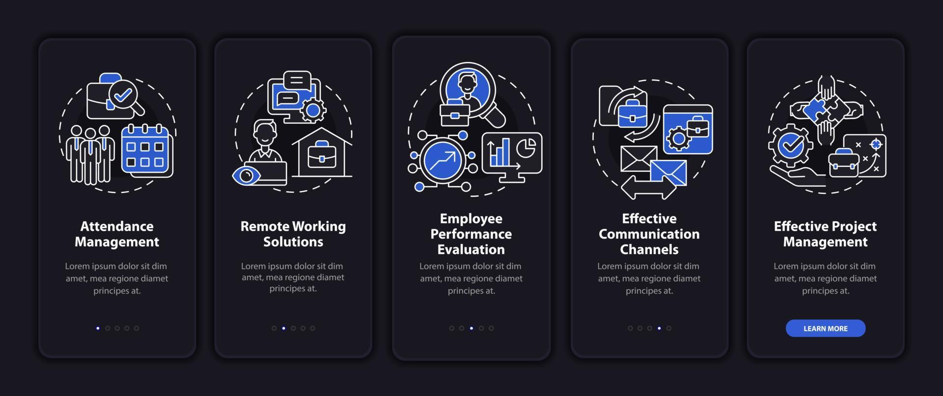 avantages de la surveillance des employés écran de la page de l'application mobile d'intégration sombre. procédure de suivi du travail instructions graphiques en 5 étapes avec concepts. modèle vectoriel ui, ux, gui avec illustrations en mode nuit