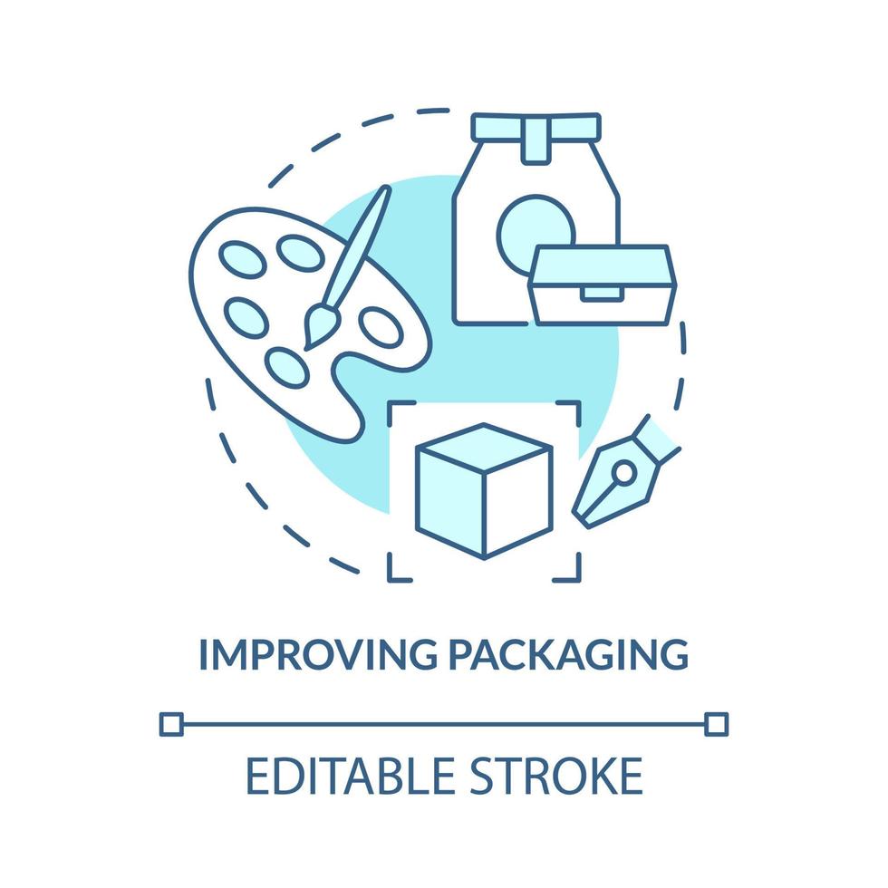 développer l'icône du concept d'emballage. repenser l'apparence visuelle. changer de matériaux. changer l'illustration de la ligne mince de l'idée abstraite d'emballage du produit. dessin de couleur de contour isolé de vecteur. trait modifiable vecteur