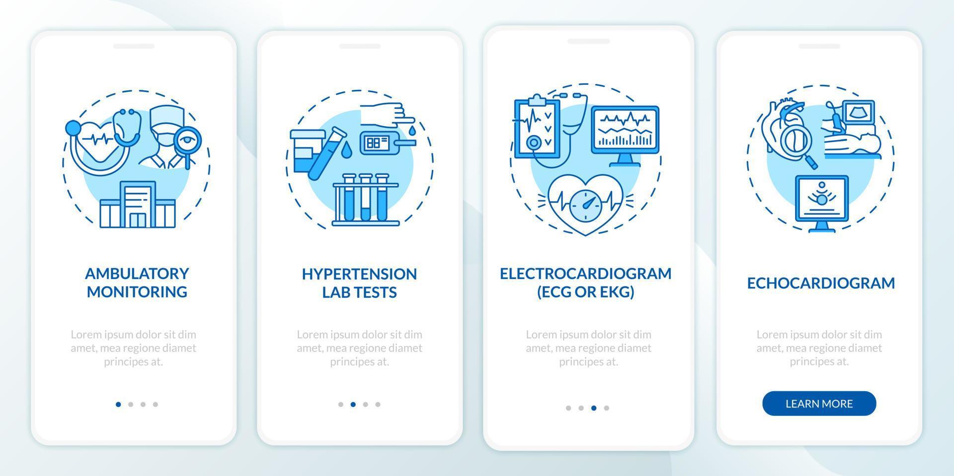 écran de la page de l'application mobile d'intégration du test d'hypertension artérielle. écho, électrocardiogramme pas à pas instructions graphiques en 4 étapes avec concepts. modèle vectoriel ui, ux, gui avec illustrations couleur linéaires