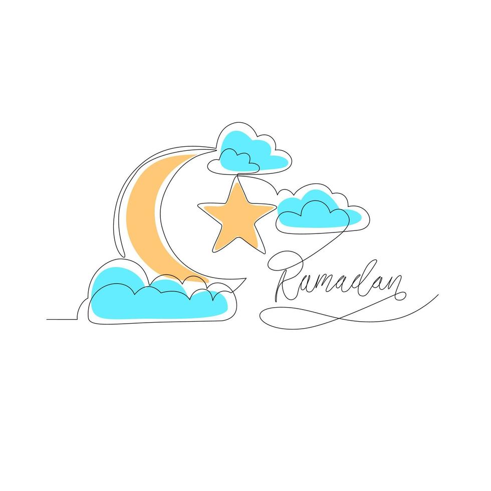 lune, étoiles et nuages, dessin d'une ligne, conception vectorielle minimaliste. signe de symbole islamique. comme modèle pour ramadan kareem et eid mubarak. isolé sur fond blanc. vecteur